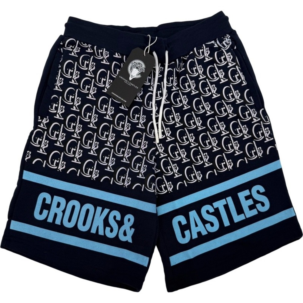CROOKS & CASTLES NEW Large Shorts Navy Blue Monogram Logo Graphic Streetwear Y2K